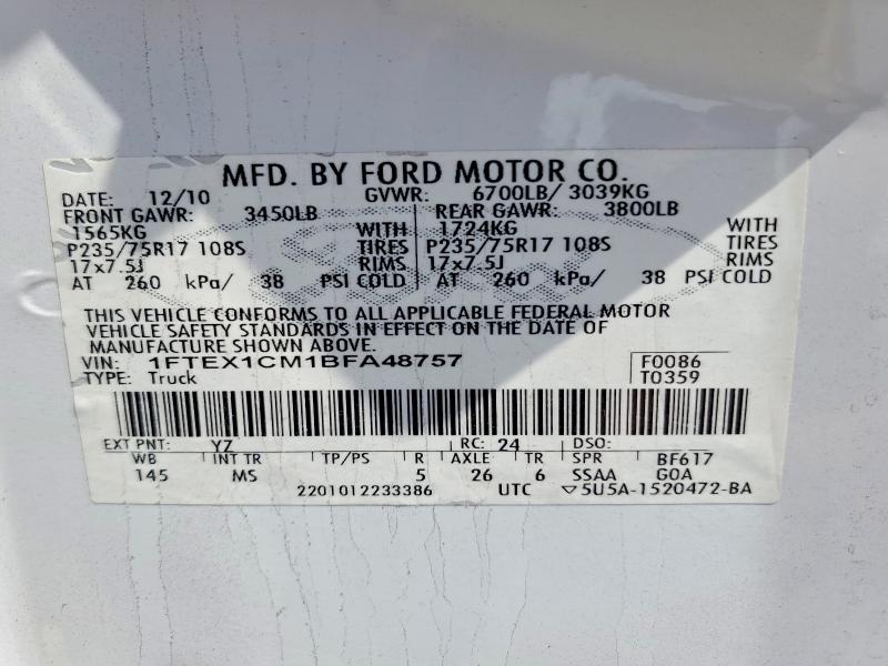 2011 Ford F150 მანქანა იყიდება აუქციონზე, vin: 1FTEX1CM1BFA48757, აუქციონის ნომერი: 56521226