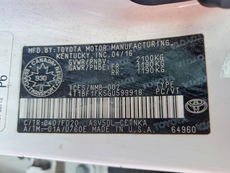 Продажа на аукционе авто 2016 Toyota Camry, vin: 4T1BF1FK5GU599918, номер лота: 56581146