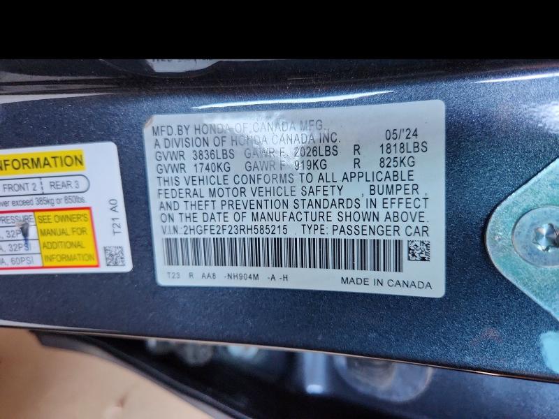 Продажа на аукционе авто 2024 Honda Civic, vin: 2HGFE2F23RH585215, номер лота: 58317986