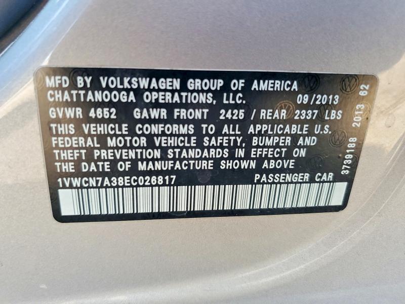 Auction sale of the 2014 Volkswagen Passat, vin: 1VWCN7A38EC026817, lot number: 58632576