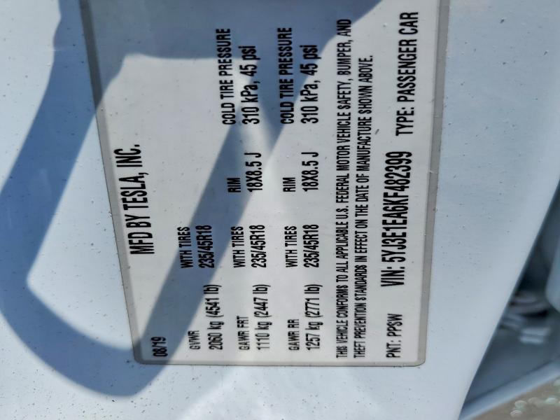 Aukcja sprzedaży 2019 Tesla Model 3, vin: 5YJ3E1EA6KF482399, numer aukcji: 57741596