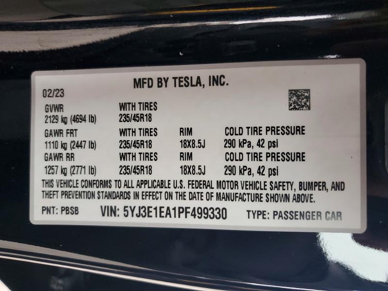 56107316 :رقم المزاد ، 5YJ3E1EA1PF499330 vin ، 2023 Tesla Model 3 مزاد بيع