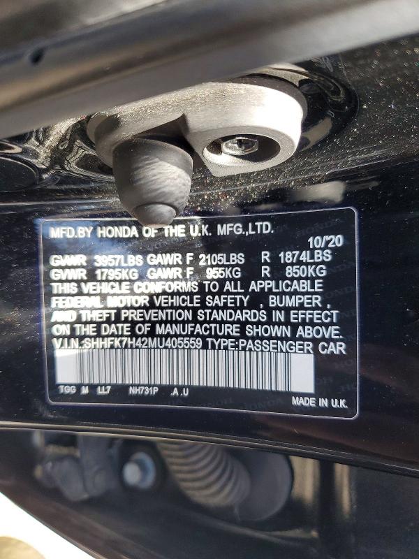 Продаж на аукціоні авто 2021 Honda Civic, vin: SHHFK7H42MU405559, номер лоту: 56287576