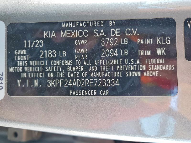 56568346 :رقم المزاد ، 3KPF24AD2RE723334 vin ، 2024 Kia Forte مزاد بيع