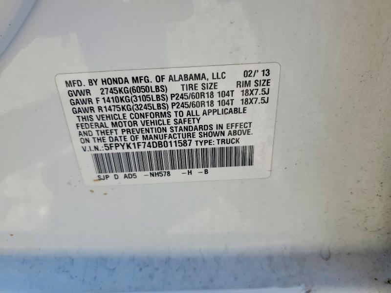 Продаж на аукціоні авто 2013 Honda Ridgeline, vin: 5FPYK1F74DB011587, номер лоту: 58643506