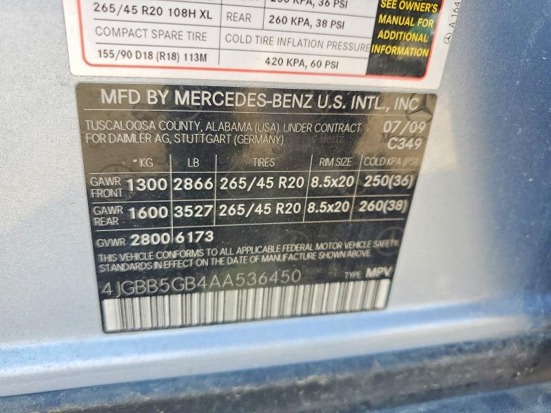 Продаж на аукціоні авто 2010 Mercedes-benz Ml, vin: 4JGBB5GB4AA536450, номер лоту: 51878746