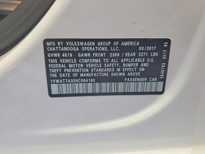 Aukcja sprzedaży 2017 Volkswagen Passat, vin: 1VWAT7A32HC064190, numer aukcji: 58068046