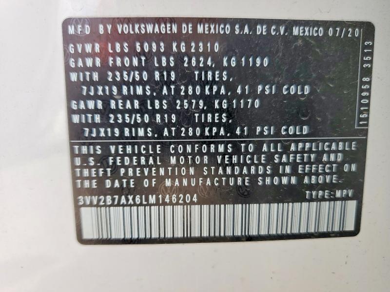 2020 Volkswagen Tiguan მანქანა იყიდება აუქციონზე, vin: 3VV2B7AX6LM146204, აუქციონის ნომერი: 57931046