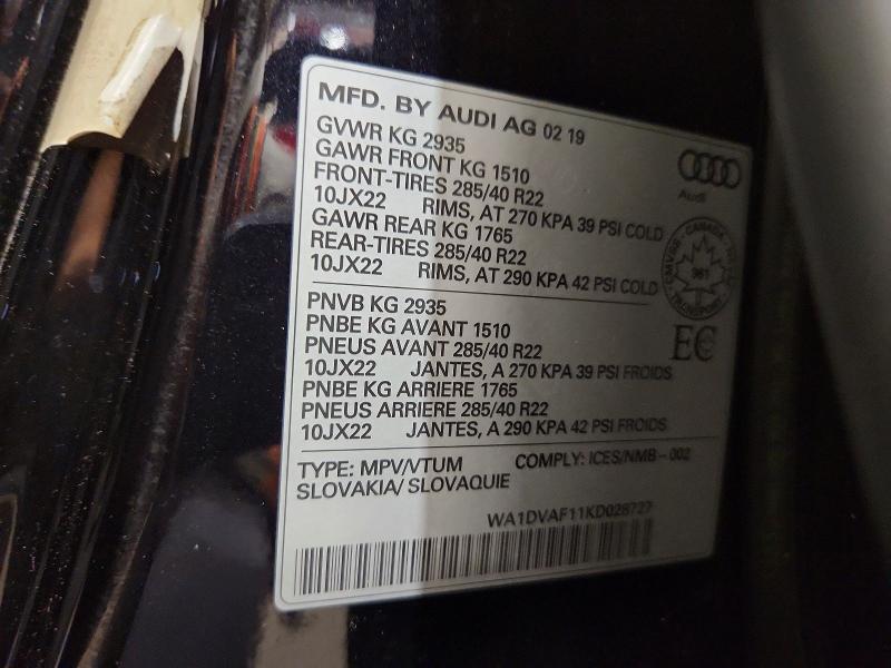 57812786 :رقم المزاد ، WA1DVAF11KD028727 vin ، 2019 Audi Q8 مزاد بيع