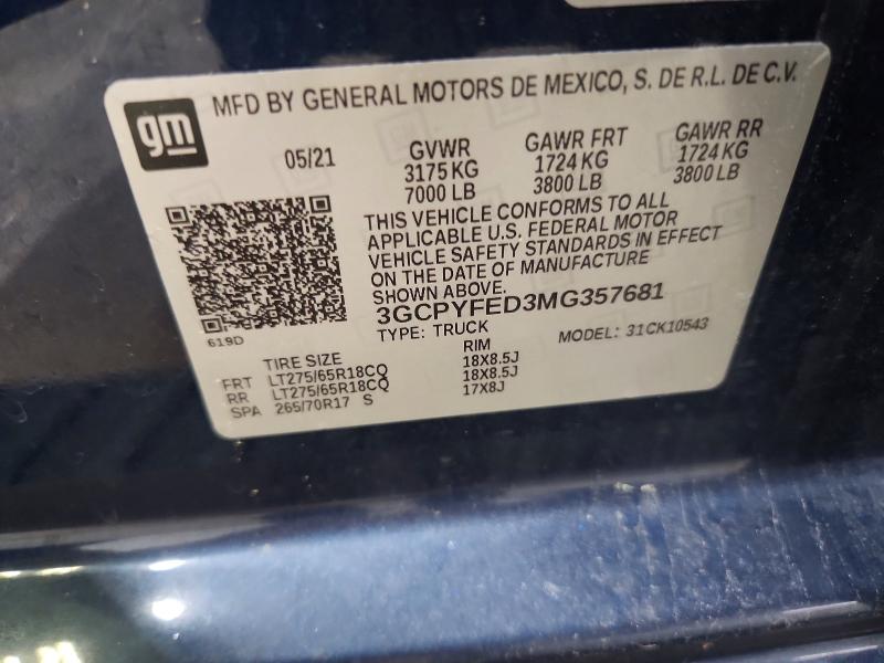 Aukcja sprzedaży 2021 Chevrolet Silverado, vin: 3GCPYFED3MG357681, numer aukcji: 58693356