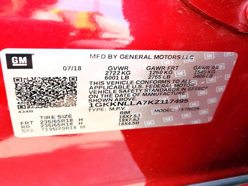 55623436 :رقم المزاد ، 1GKKNLLA7KZ117495 vin ، 2019 Gmc Acadia مزاد بيع