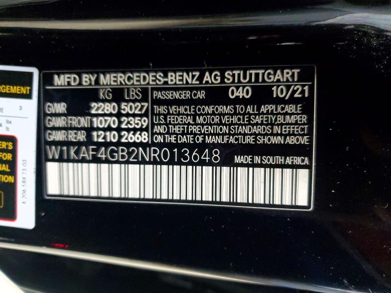 58578936 :رقم المزاد ، W1KAF4GB2NR013648 vin ، 2022 Mercedes-benz C مزاد بيع