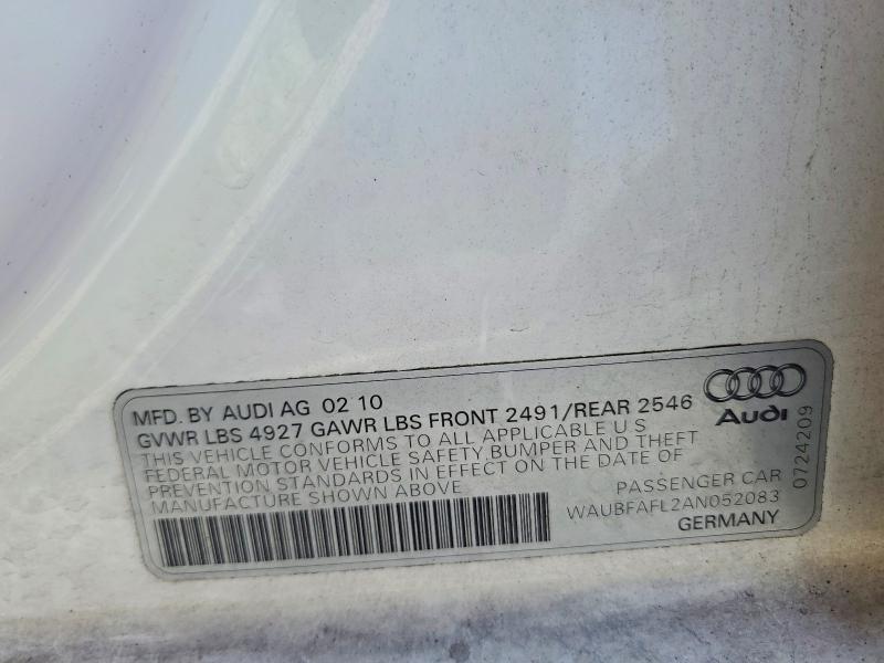 2010 Audi A4 მანქანა იყიდება აუქციონზე, vin: WAUBFAFL2AN052083, აუქციონის ნომერი: 58071226