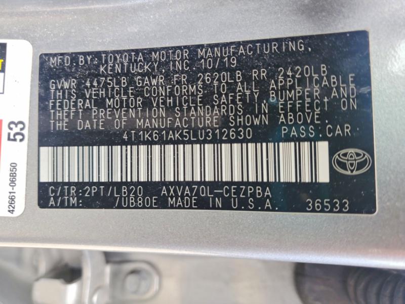 2020 Toyota Camry მანქანა იყიდება აუქციონზე, vin: 4T1K61AK5LU312630, აუქციონის ნომერი: 58310996