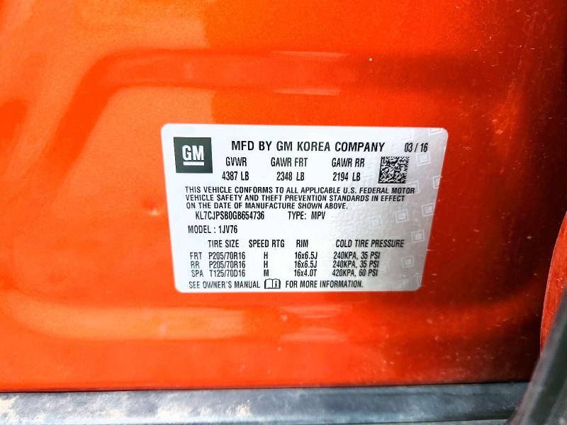 55619746 :رقم المزاد ، KL7CJPSB0GB654736 vin ، 2016 Chevrolet Trax مزاد بيع