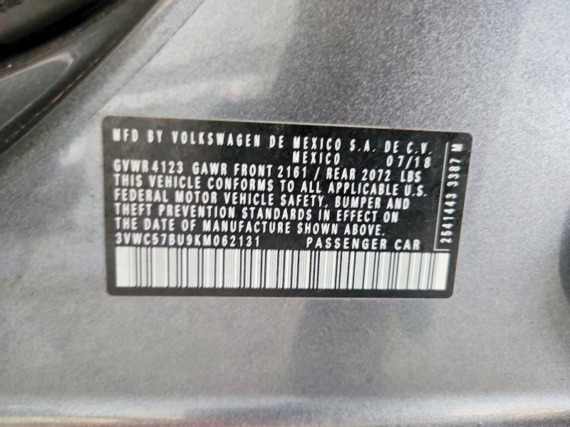 2019 Volkswagen Jetta მანქანა იყიდება აუქციონზე, vin: 3VWC57BU9KM062131, აუქციონის ნომერი: 57717486