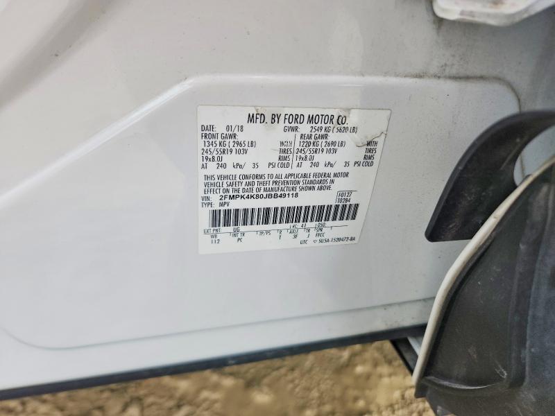 2018 Ford Edge მანქანა იყიდება აუქციონზე, vin: 2FMPK4K80JBB49118, აუქციონის ნომერი: 59080146