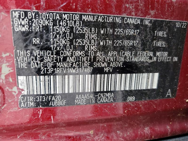 2022 Toyota Rav4 მანქანა იყიდება აუქციონზე, vin: 2T3P1RFV1NW317467, აუქციონის ნომერი: 58440626