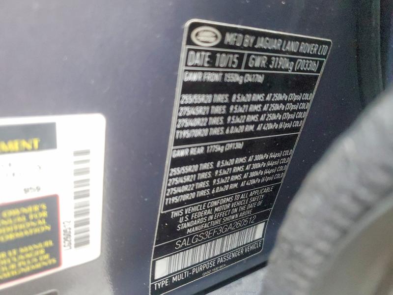 Aukcja sprzedaży 2016 Land Rover Range Rover, vin: SALGS3EF3GA260512, numer aukcji: 58250026