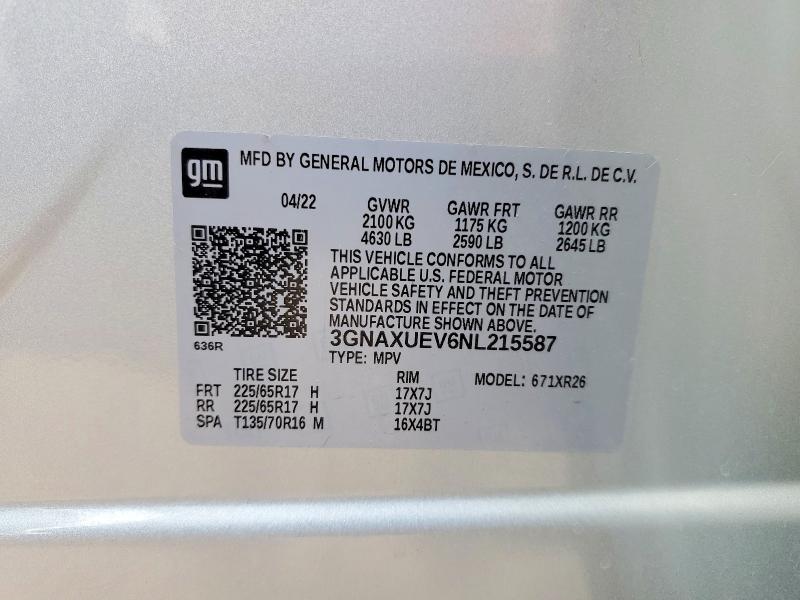 2022 Chevrolet Equinox მანქანა იყიდება აუქციონზე, vin: 3GNAXUEV6NL215587, აუქციონის ნომერი: 56987486