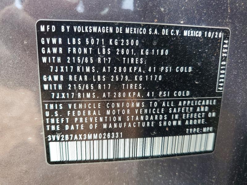 Aukcja sprzedaży 2021 Volkswagen Tiguan, vin: 3VV2B7AX3MM026331, numer aukcji: 58693366