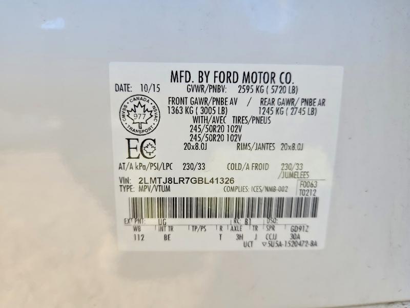 Продажа на аукционе авто 2016 Lincoln Mkx, vin: 2LMTJ8LR7GBL41326, номер лота: 55351446