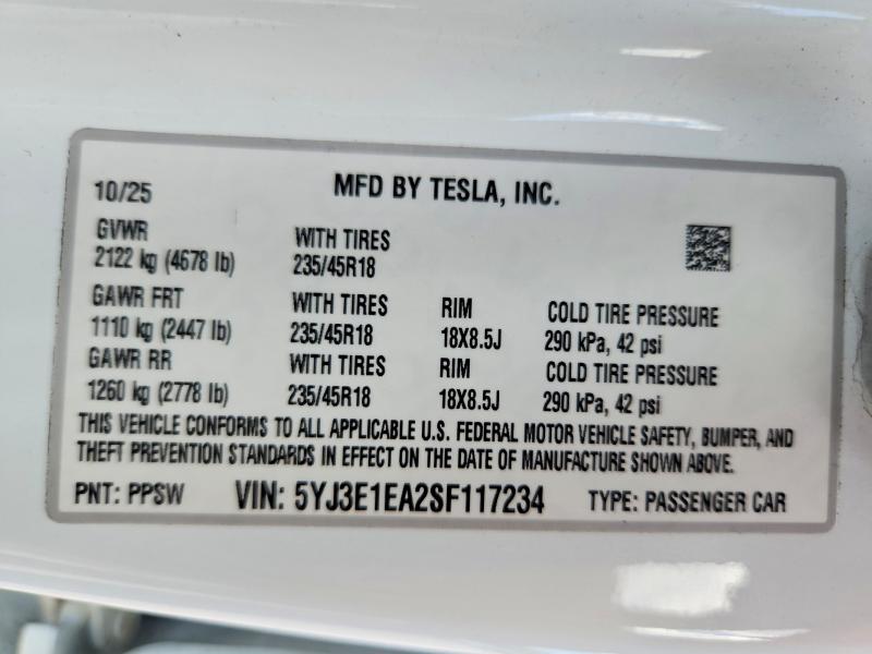 Aukcja sprzedaży 2025 Tesla Model 3, vin: 5YJ3E1EA2SF117234, numer aukcji: 59389286