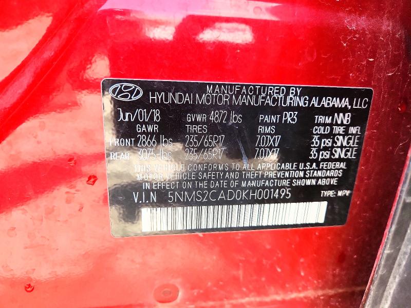 2019 Hyundai Santa Fe მანქანა იყიდება აუქციონზე, vin: 5NMS2CAD0KH001495, აუქციონის ნომერი: 56158356