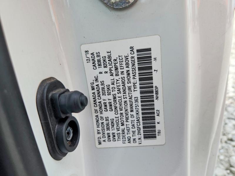 58652186 :رقم المزاد ، 2HGFC3A51KH751363 vin ، 2019 Honda Civic مزاد بيع