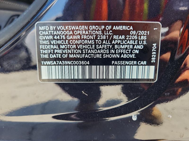 2022 Volkswagen Passat მანქანა იყიდება აუქციონზე, vin: 1VWSA7A39NC003604, აუქციონის ნომერი: 58084066