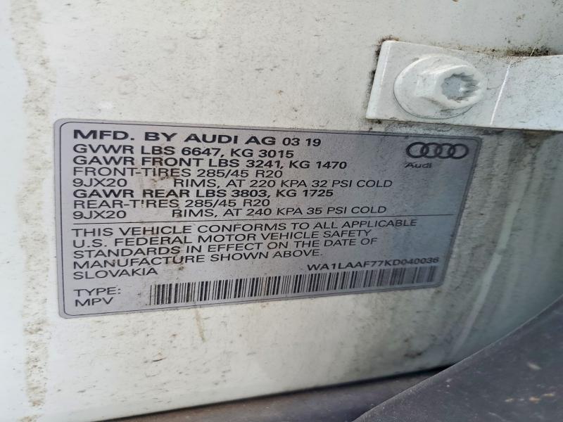2019 Audi Q7 მანქანა იყიდება აუქციონზე, vin: WA1LAAF77KD040036, აუქციონის ნომერი: 56956576
