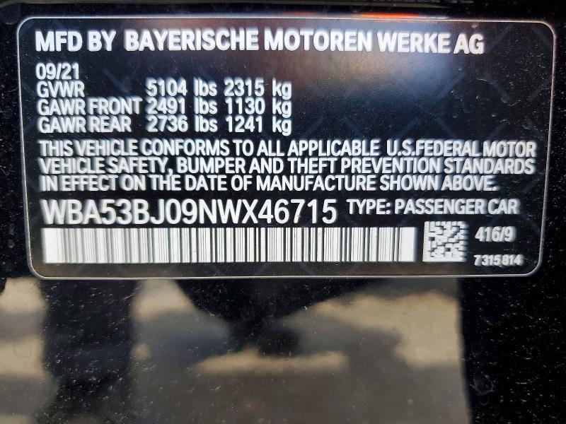 Aukcja sprzedaży 2022 Bmw 540, vin: WBA53BJ09NWX46715, numer aukcji: 54454326
