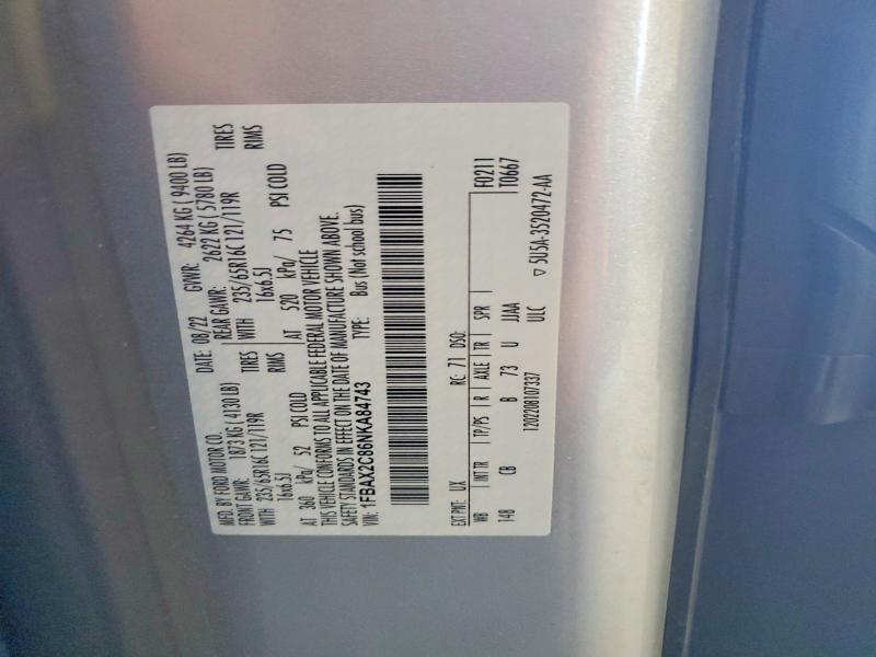 2022 Ford Transit მანქანა იყიდება აუქციონზე, vin: 1FBAX2C86NKA84743, აუქციონის ნომერი: 58546246