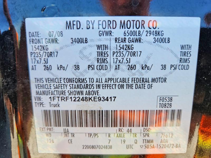 Продажа на аукционе авто 2008 Ford F150, vin: 1FTRF12248KE93417, номер лота: 55932646