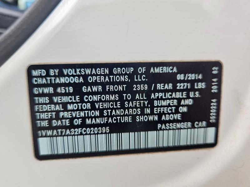 Продажа на аукционе авто 2015 Volkswagen Passat, vin: 1VWAT7A32FC020395, номер лота: 56641466