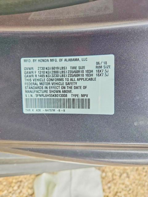 57863736 :رقم المزاد ، 5FNRL6H55KB013008 vin ، 2019 Honda Odyssey مزاد بيع