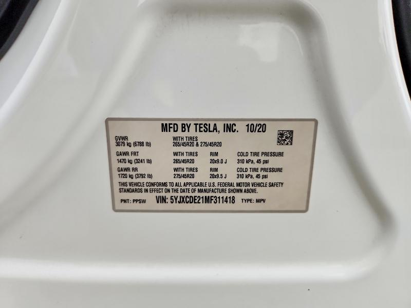 2021 Tesla Model X მანქანა იყიდება აუქციონზე, vin: 5YJXCDE21MF311418, აუქციონის ნომერი: 85604505