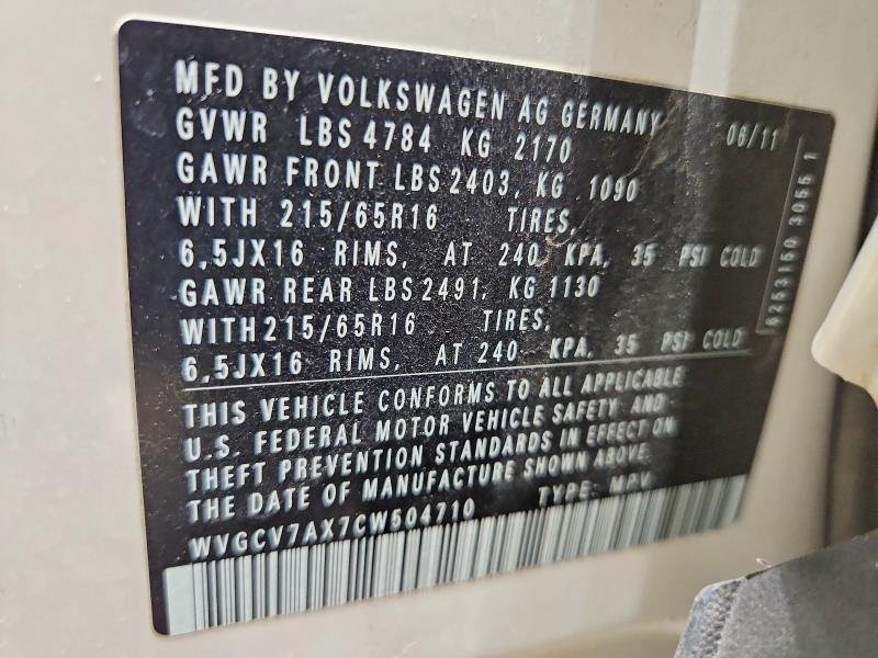 Продаж на аукціоні авто 2012 Volkswagen Tiguan, vin: WVGCV7AX7CW504710, номер лоту: 57710616