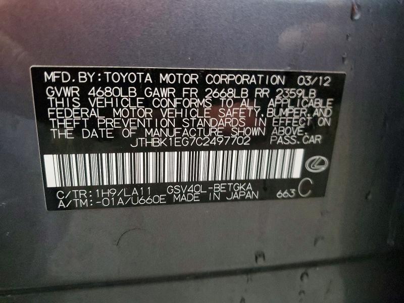 57512286 :رقم المزاد ، JTHBK1EG7C2497702 vin ، 2012 Lexus Es مزاد بيع