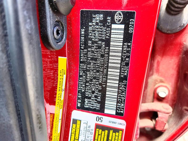 2019 Toyota Camry მანქანა იყიდება აუქციონზე, vin: 4T1B31HK7KU008194, აუქციონის ნომერი: 57676246