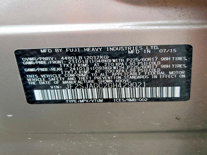 Aukcja sprzedaży 2016 Subaru Forester, vin: JF2SJAGC2GH429021, numer aukcji: 59198436