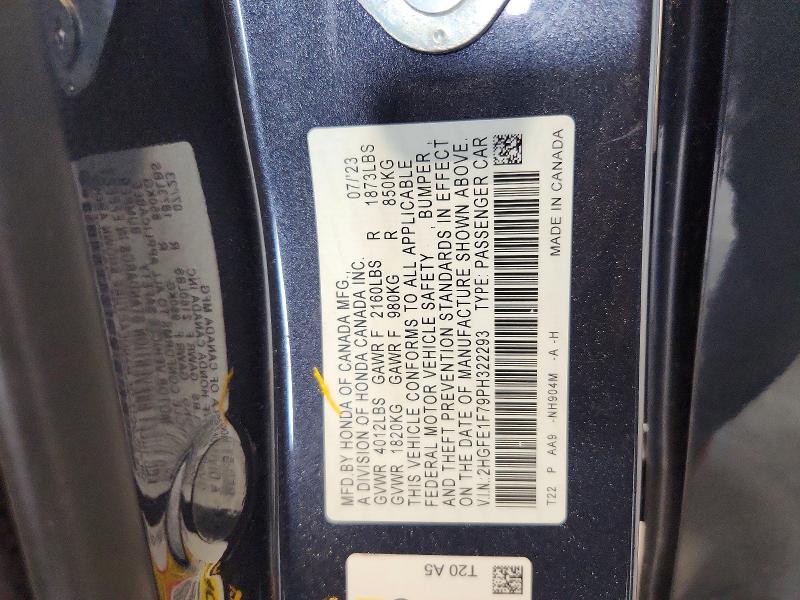 56639936 :رقم المزاد ، 2HGFE1F79PH322293 vin ، 2023 Honda Civic مزاد بيع