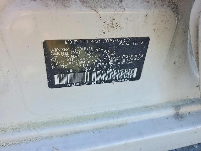 2013 Subaru Impreza მანქანა იყიდება აუქციონზე, vin: JF1GPAC67D2819152, აუქციონის ნომერი: 54081686