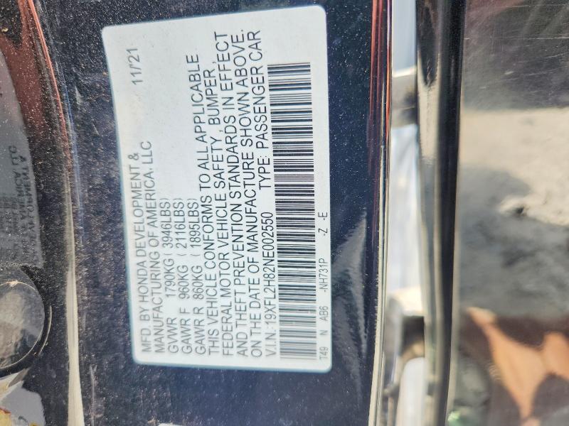 Продажа на аукционе авто 2022 Honda Civic, vin: 19XFL2H82NE002550, номер лота: 57721436