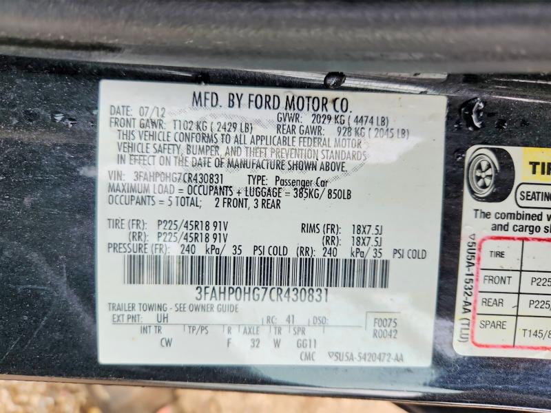 Aukcja sprzedaży 2012 Ford Fusion, vin: 3FAHP0HG7CR430831, numer aukcji: 56478006