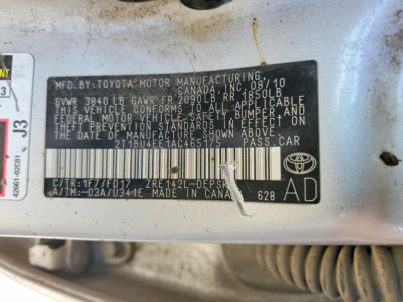 56891526 :رقم المزاد ، 2T1BU4EE1AC465175 vin ، 2010 Toyota Corolla مزاد بيع