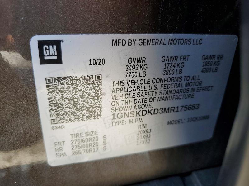 2021 Chevrolet Suburban მანქანა იყიდება აუქციონზე, vin: 1GNSKDKD3MR175653, აუქციონის ნომერი: 55993066