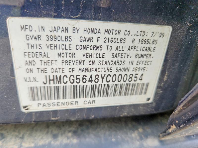 Aukcja sprzedaży 2000 Honda Accord, vin: JHMCG5648YC000854, numer aukcji: 56844466