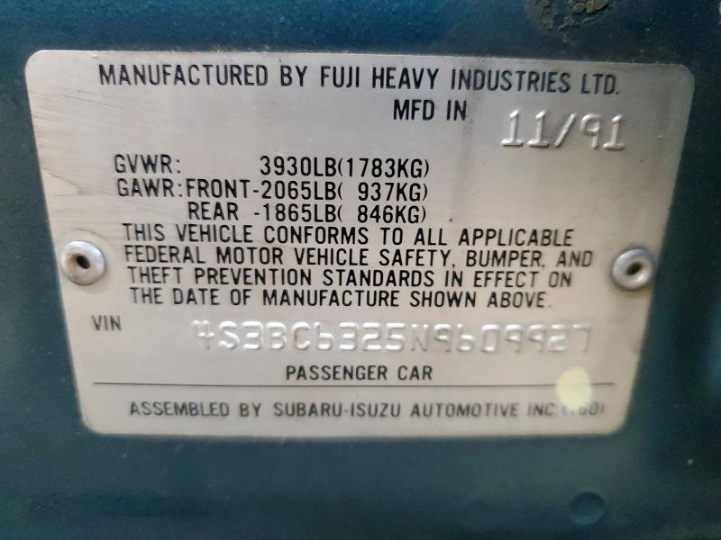 1992 Subaru Legacy მანქანა იყიდება აუქციონზე, vin: 4S3BC6325N9609927, აუქციონის ნომერი: 57377666