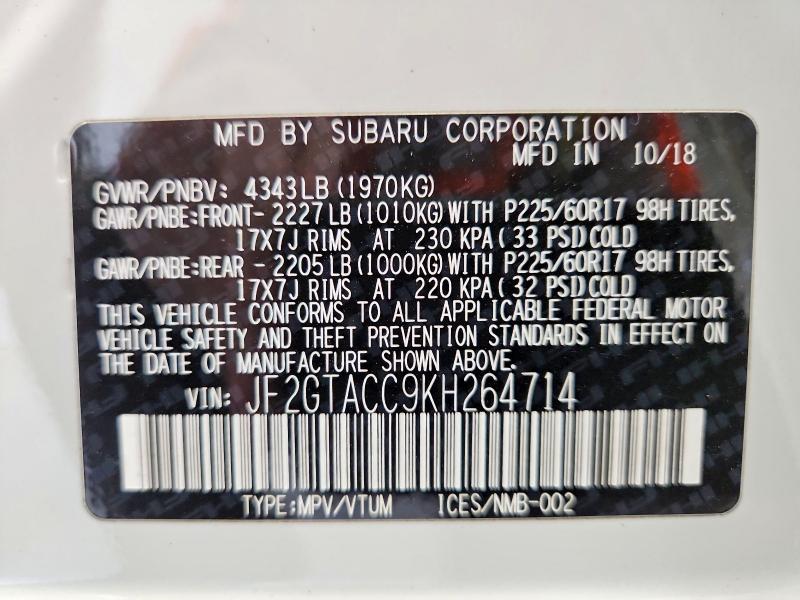 2019 Subaru Crosstrek მანქანა იყიდება აუქციონზე, vin: JF2GTACC9KH264714, აუქციონის ნომერი: 56154506